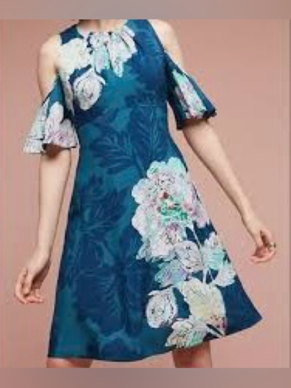 Anthropologie Maeve Elia Floral Cold Shoulder Dress Teal Blue Size 6 Small